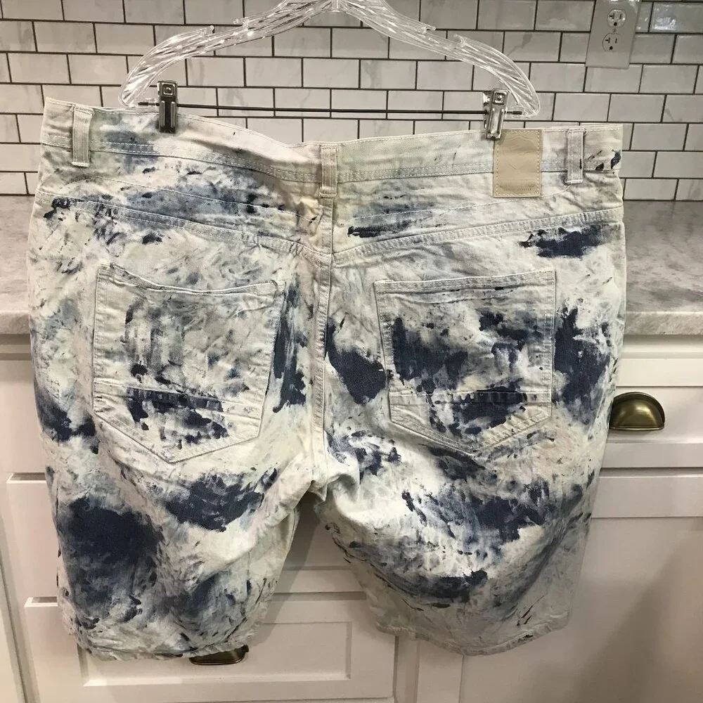 Encrypted Denim Shorts Mens 46 Distressed Denim Bleach Tie Dye Streetwear Jean